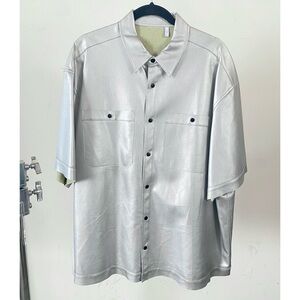 Asos men's matte silver metallic faux vegan leather collared button up shirt XL
